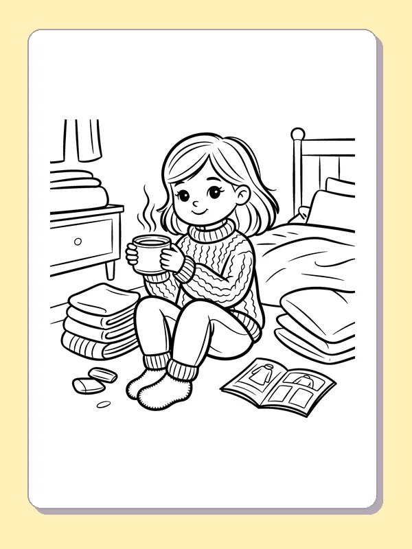 Black and white printable drawing of child Reading in a Warm Sweater