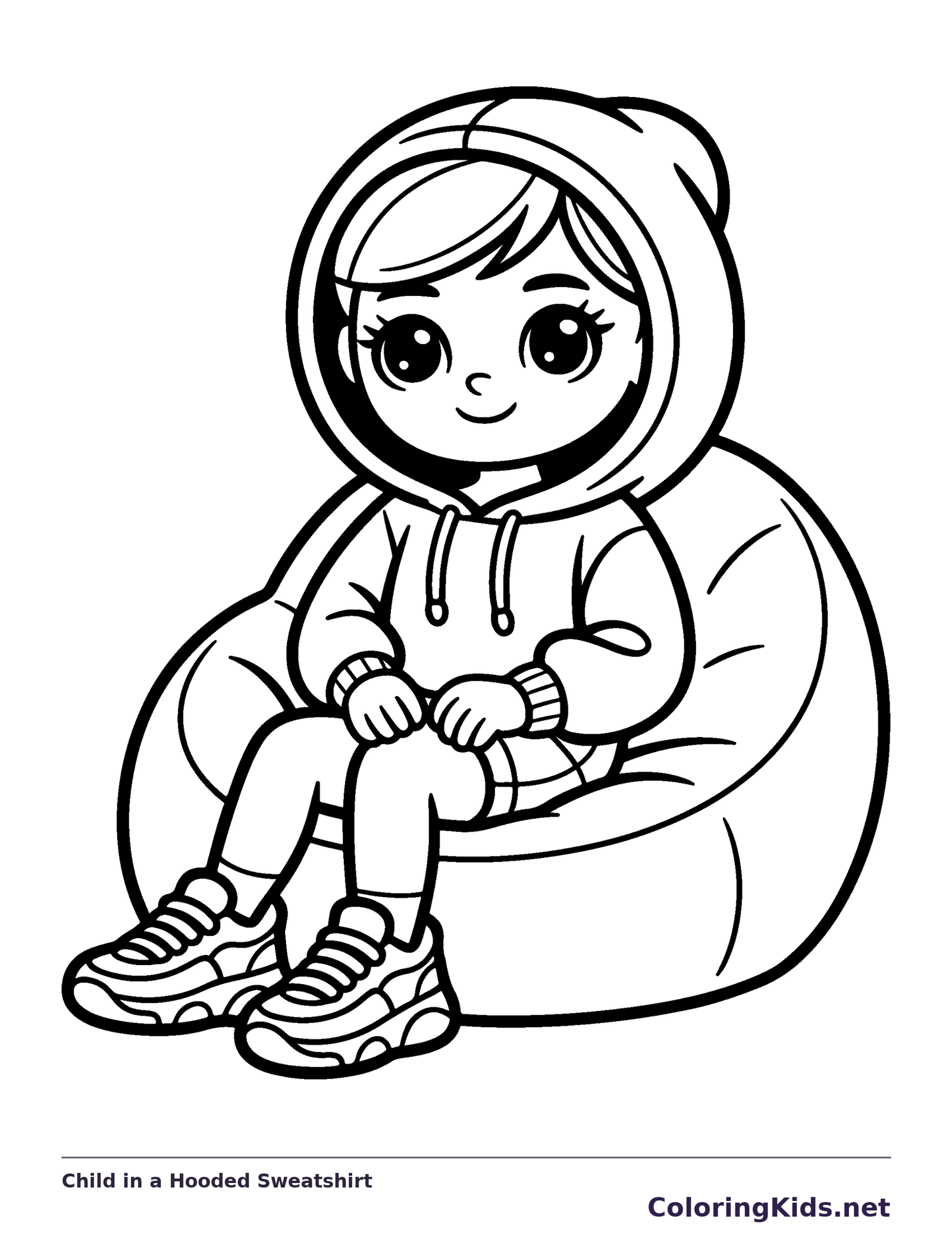 Black and white printable drawing of child in a Hooded Sweatshirt