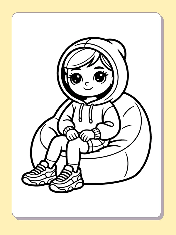 Black and white printable drawing of child in a Hooded Sweatshirt