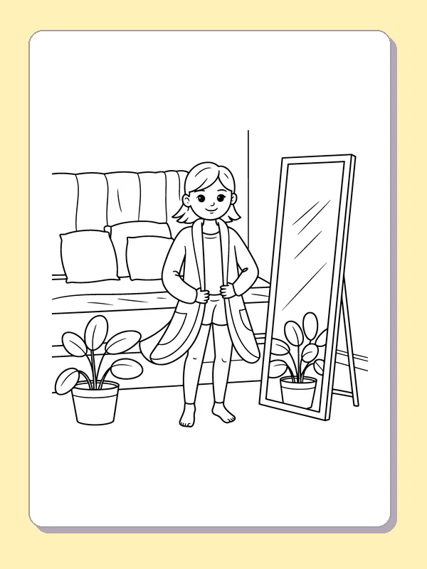 Black and white printable drawing of child Trying a Long Coat by a Mirror
