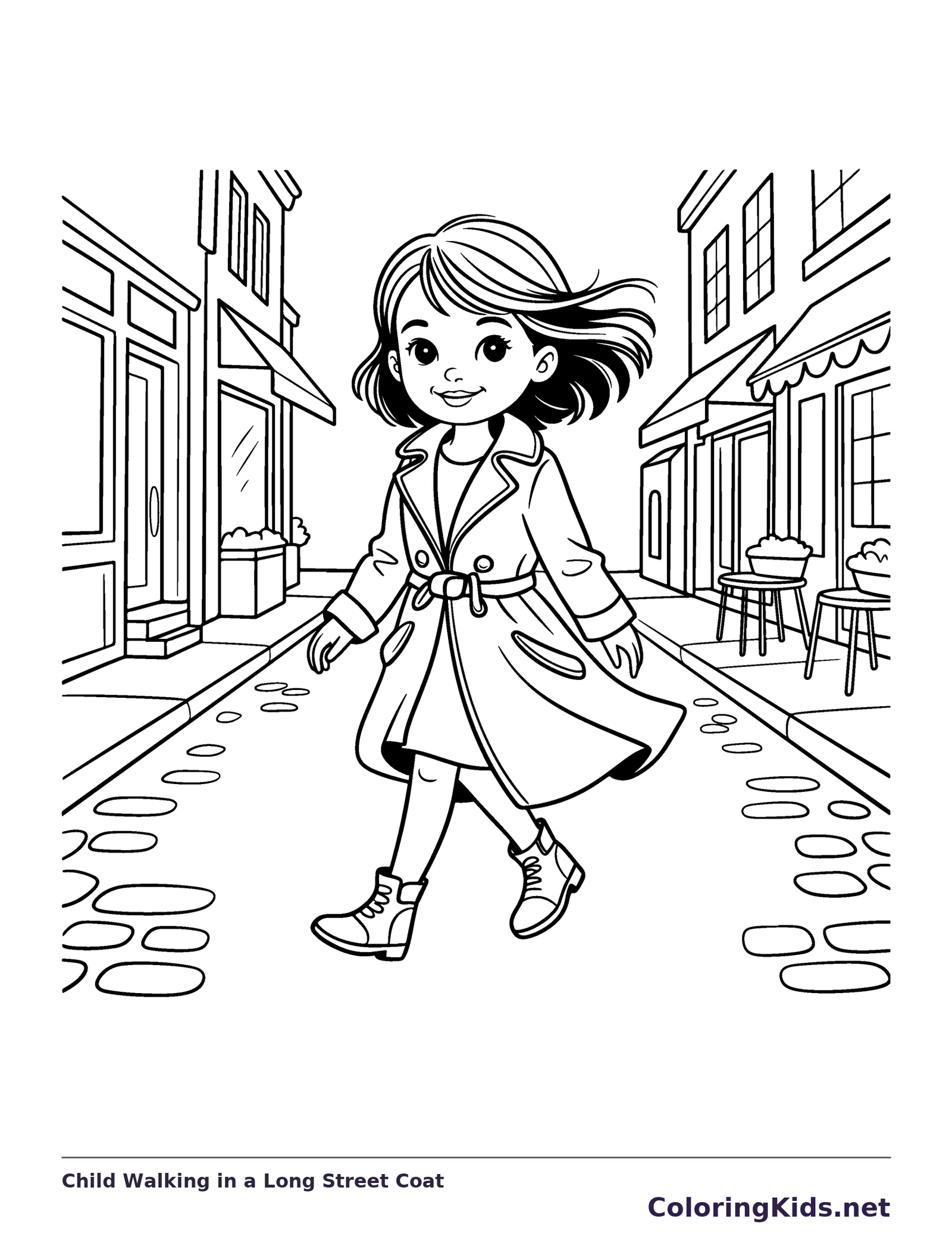 Black and white printable drawing of child Walking in a Long Street Coat