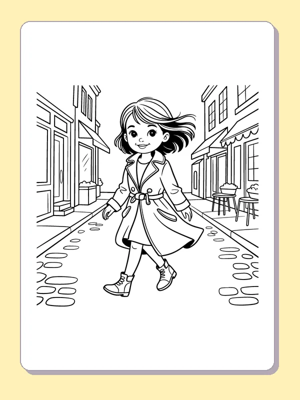 Black and white printable drawing of child Walking in a Long Street Coat