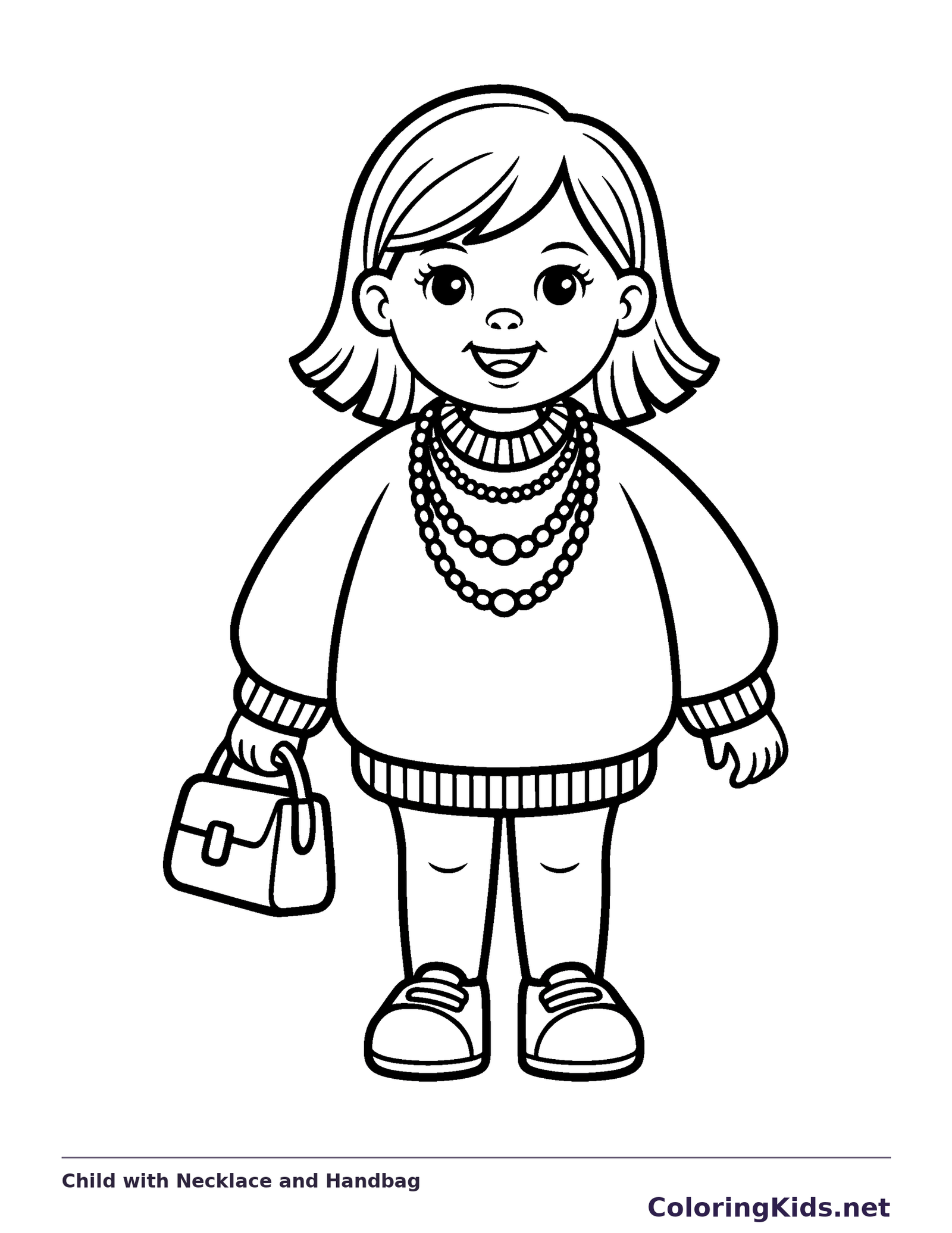 Black and white printable drawing of child with Necklace and Handbag