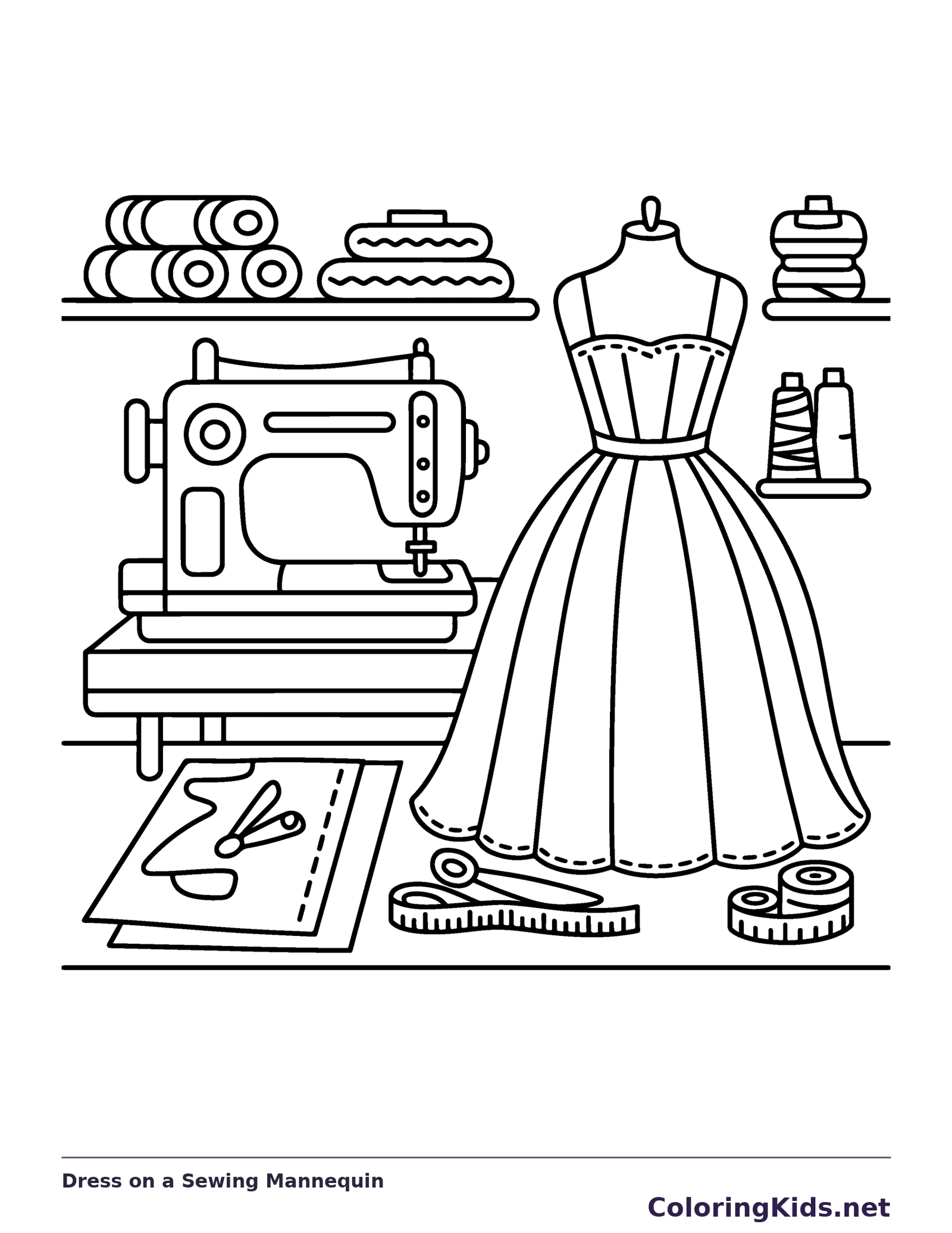 Black and white printable drawing of dress on a Sewing Mannequin