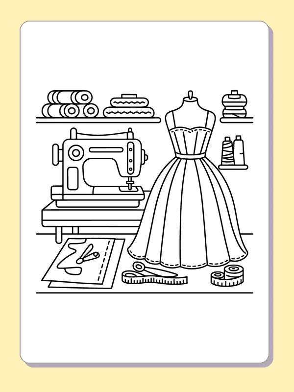 Black and white printable drawing of dress on a Sewing Mannequin