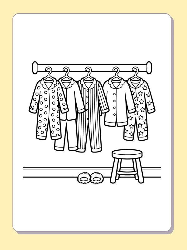Black and white printable drawing of patterned Clothing Rack with Shoes