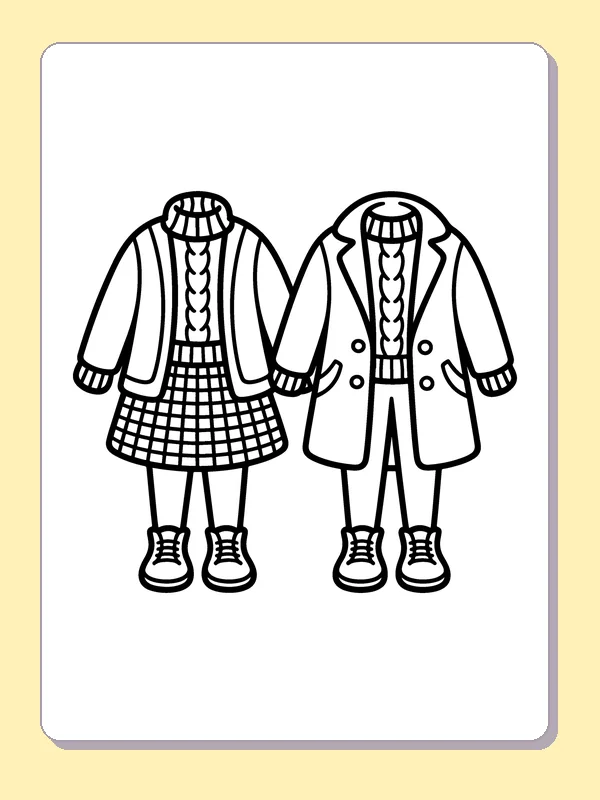 Black and white printable drawing of two Layered Winter Outfits