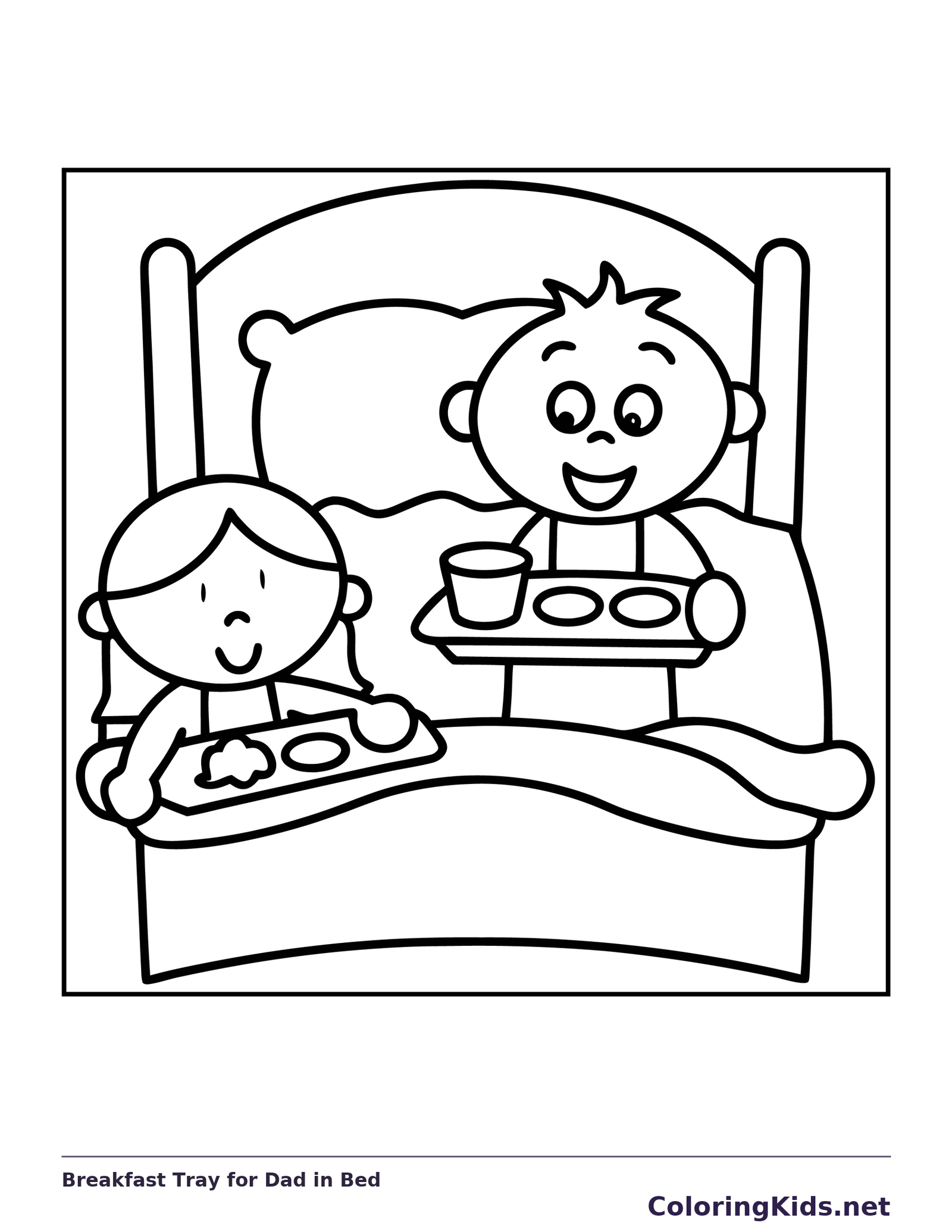Black-and-white Father’s Day coloring page of breakfast tray for dad in bed: A child brings a tray of breakfast to an adult sitting up in bed.