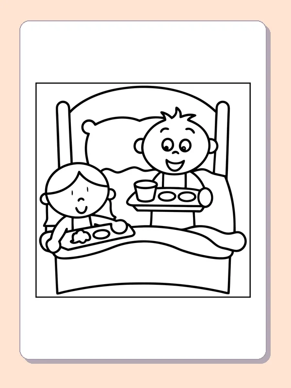 Black-and-white Father’s Day coloring page of breakfast tray for dad in bed: A child brings a tray of breakfast to an adult sitting up in bed.