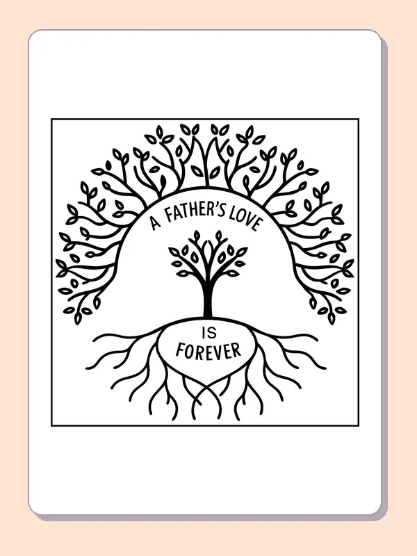 Black-and-white Father’s Day coloring page of a father's love tree and roots: Branches with many small leaves spread around the words “A Father’s Love Is Forever,” while roots extend below the central circle.