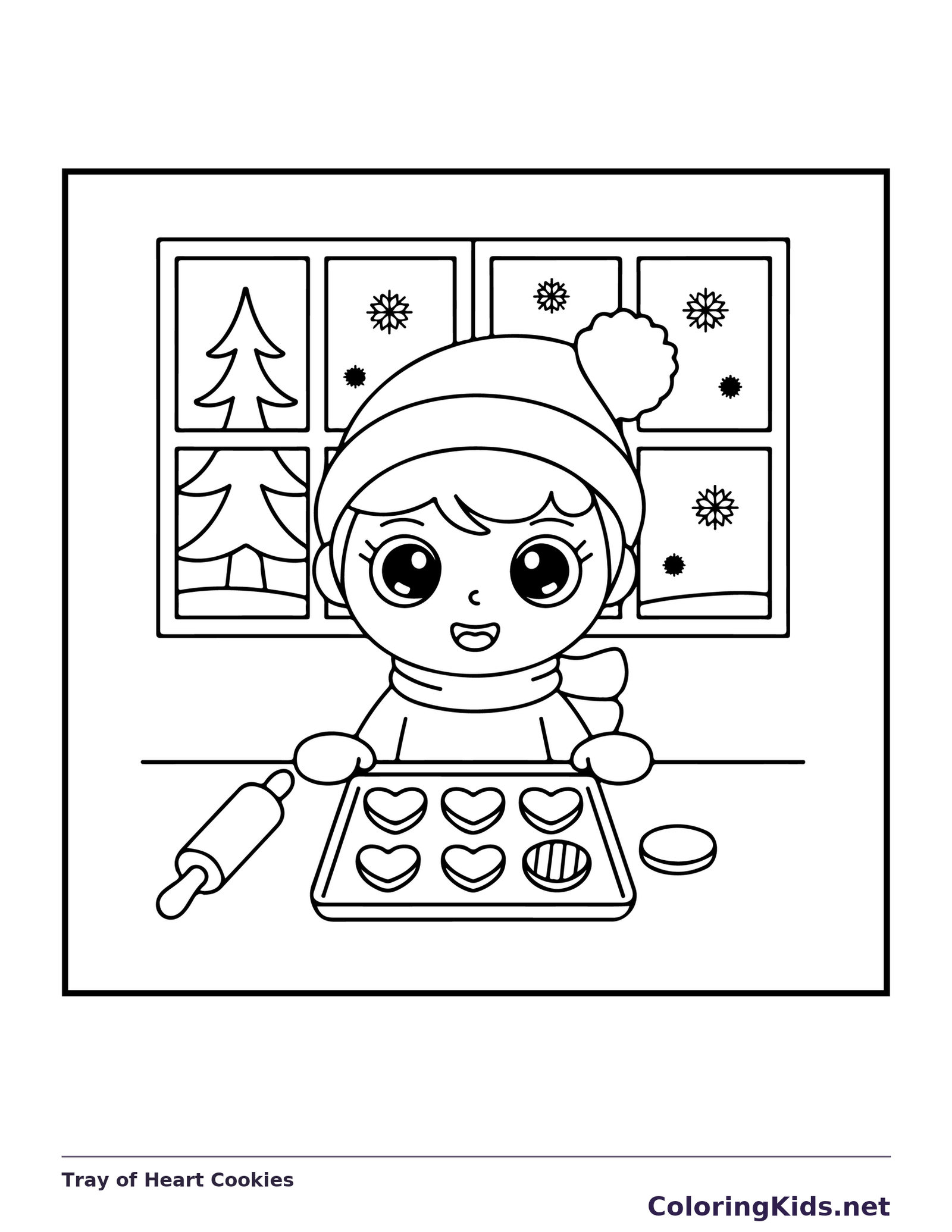 Tray of Heart Cookies coloring page: black and white line art to print or color online