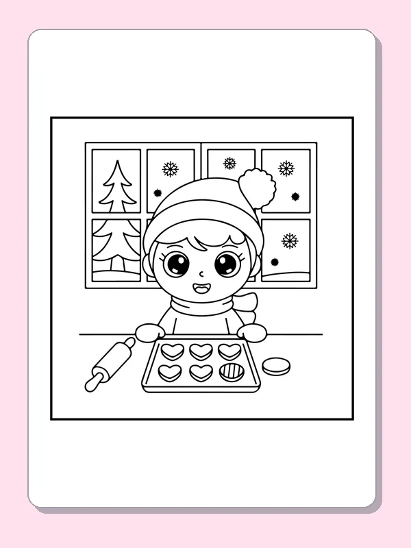 Tray of Heart Cookies coloring page: black and white line art to print or color online