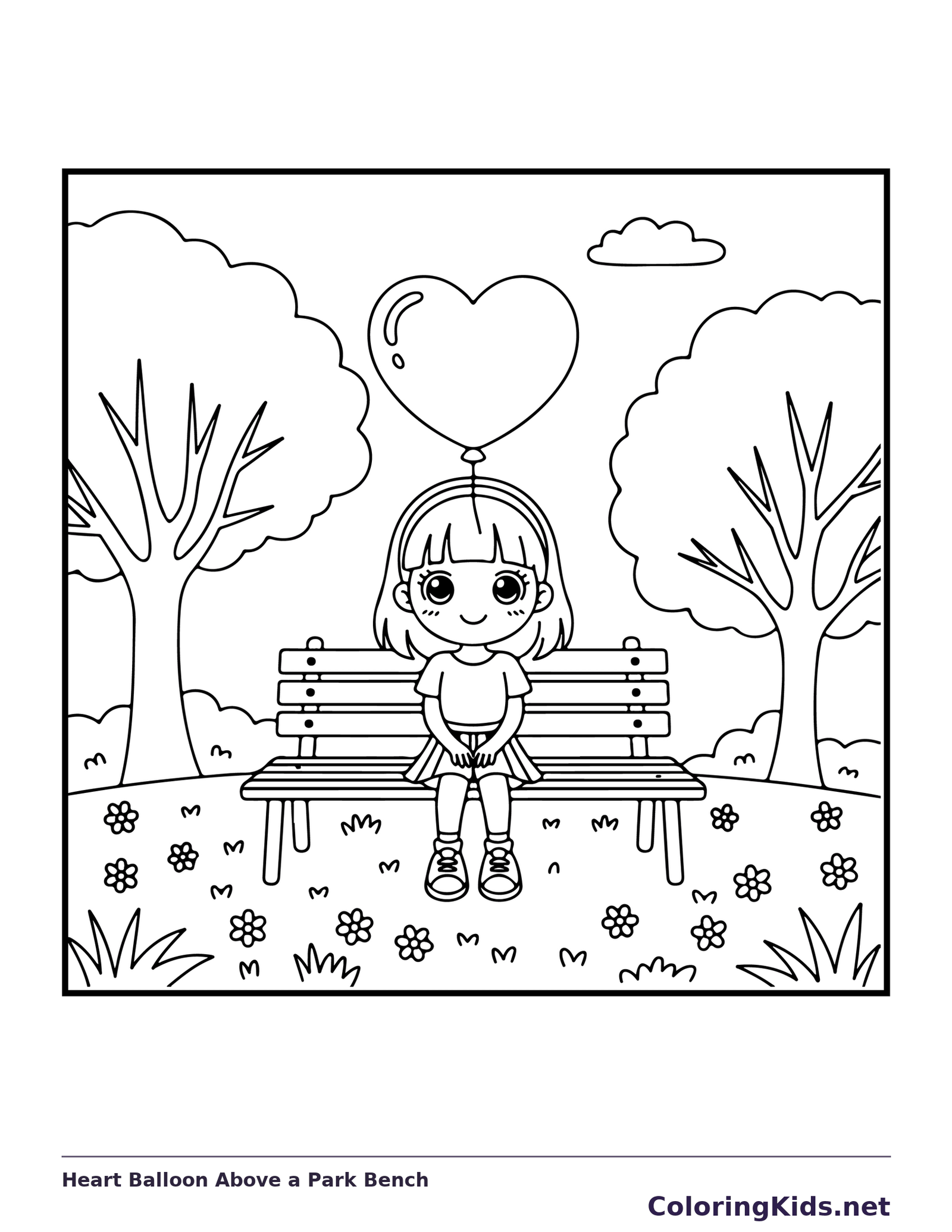 Heart Balloon Above a Park Bench coloring page: black and white line art to print or color online