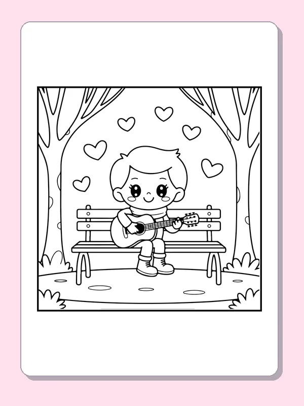 Child Playing Guitar on a Bench coloring page: black and white line art to print or color online