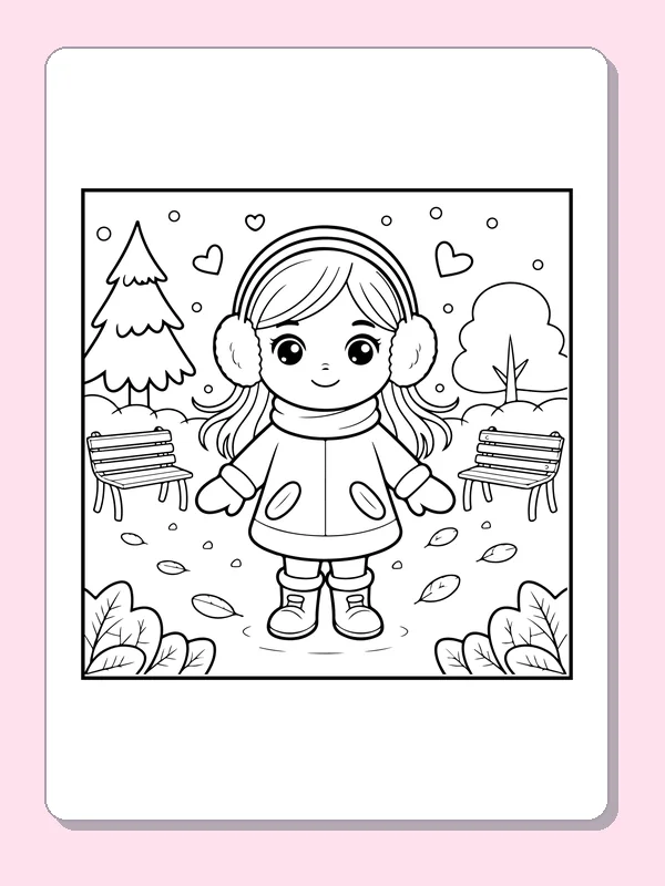 Child in Earmuffs Between Park Benches coloring page: black and white line art to print or color online
