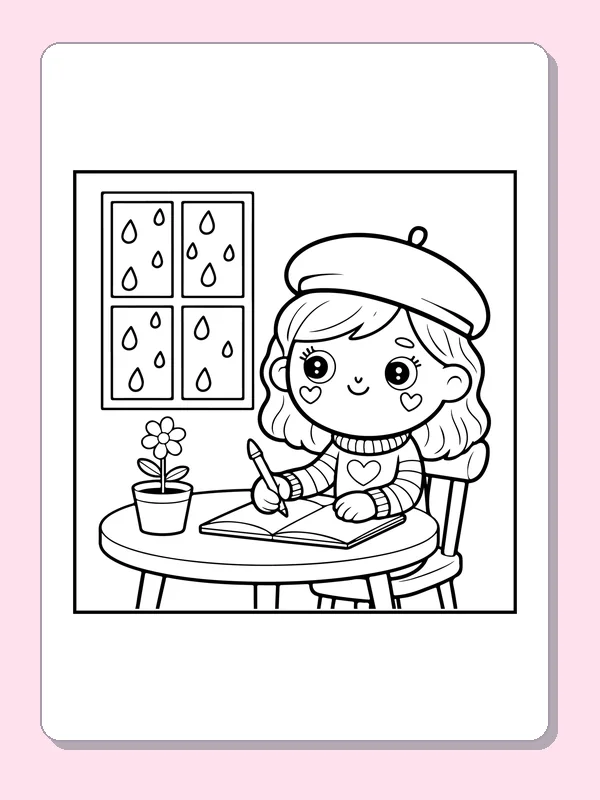 Child Writing by a Rainy Window coloring page: black and white line art to print or color online