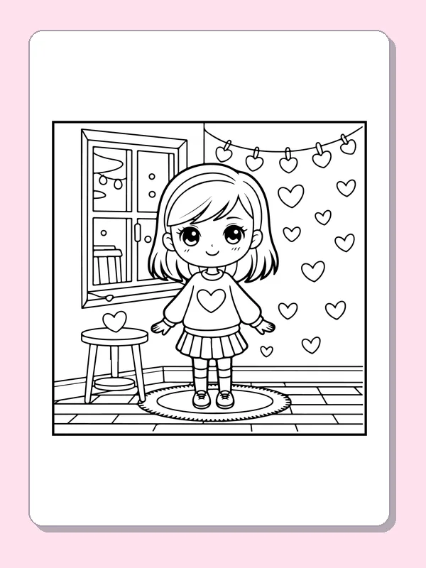 Hearts Around a Child by the Door coloring page: black and white line art to print or color online