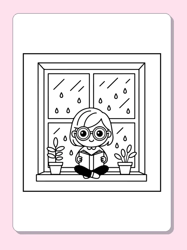 Reading Owl at a Rainy Window coloring page: black and white line art to print or color online