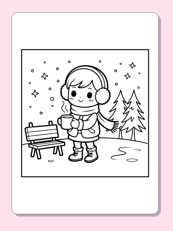 Warm Cup on a Snowy Evening coloring page: black and white line art to print or color online