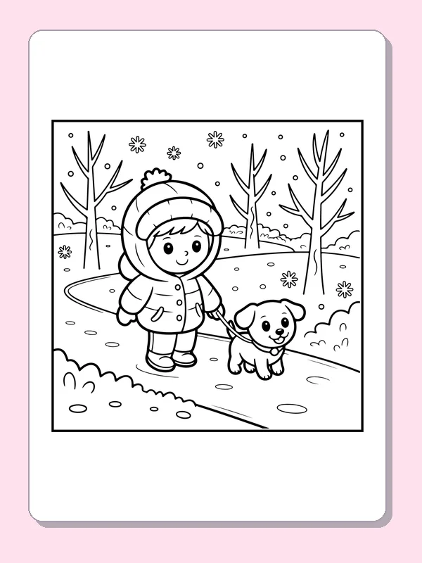 Puppy Walk Along a Winter Path coloring page: black and white line art to print or color online