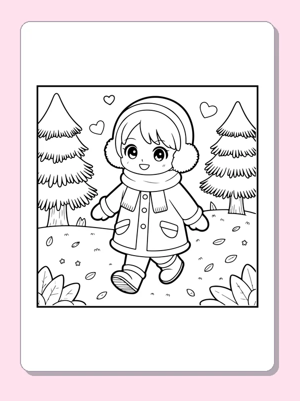 Scarf Walk Between Fir Trees coloring page: black and white line art to print or color online