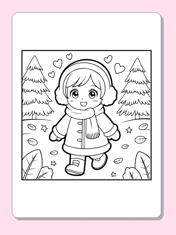 Earmuff Walk Among Evergreens coloring page: black and white line art to print or color online