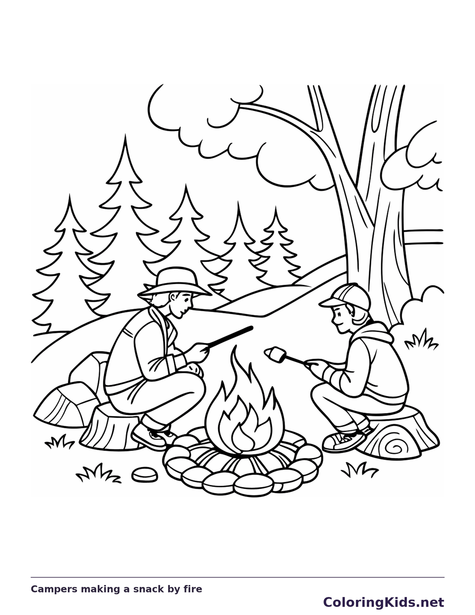 Black and white printable campers making a snack by fire coloring sheet