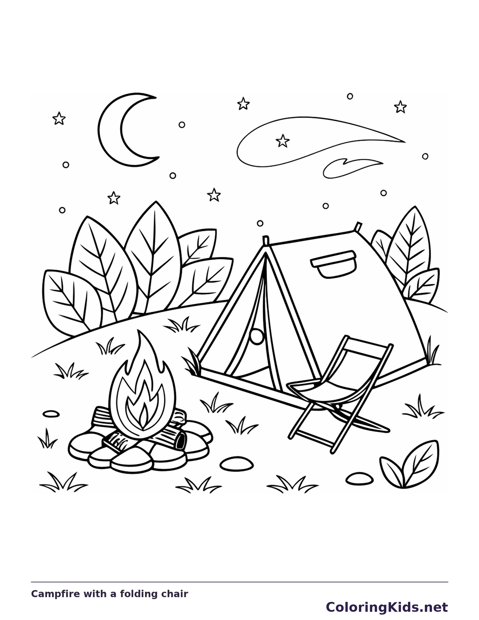 Black and white printable campfire with a folding chair coloring sheet