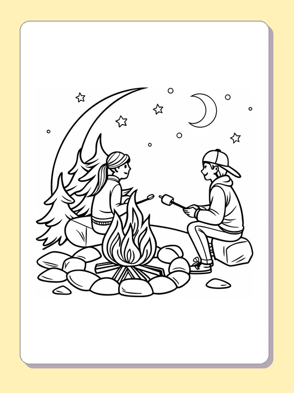 Black and white printable fire ring under a curved tree coloring sheet