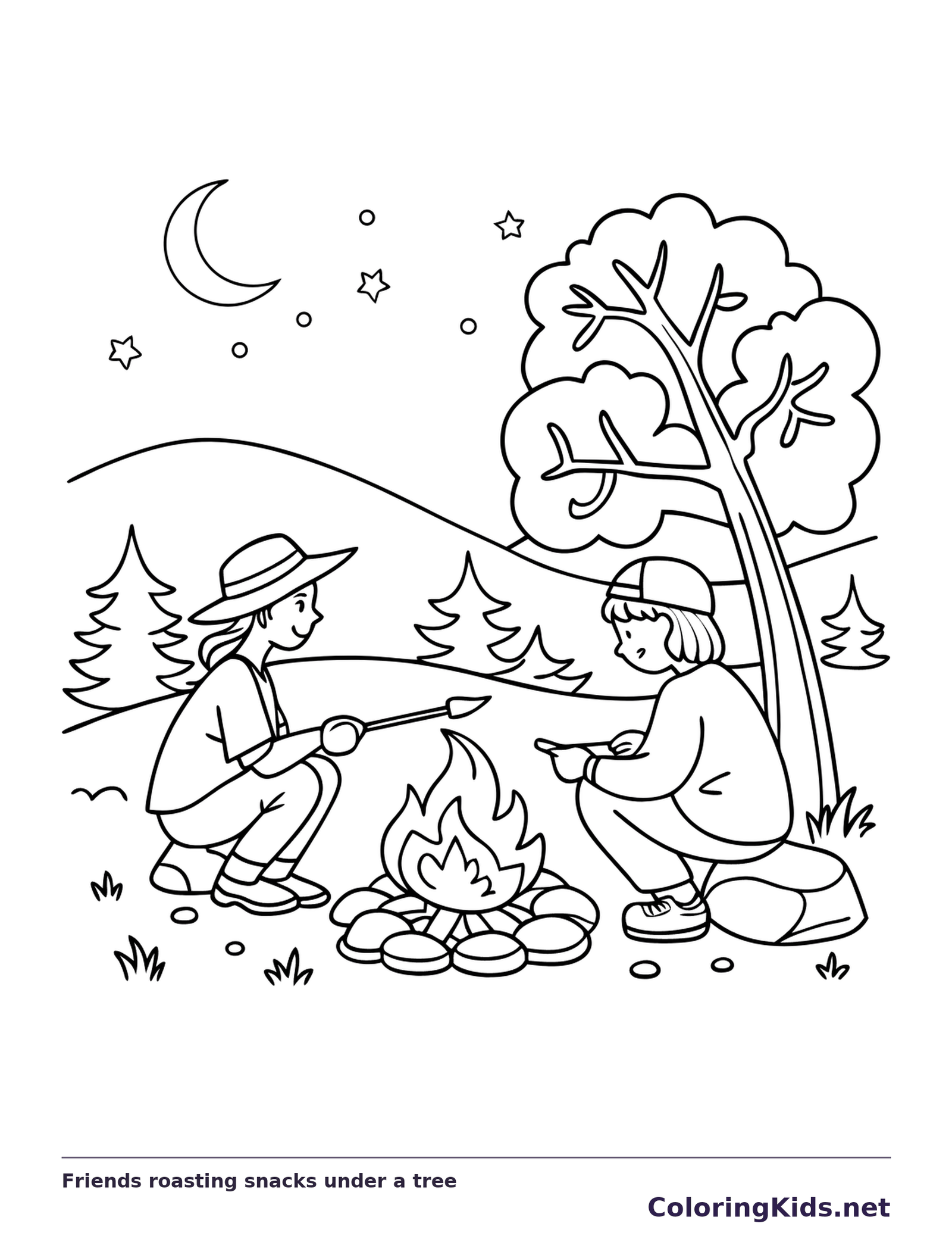 Black and white printable friends roasting snacks under a tree coloring sheet