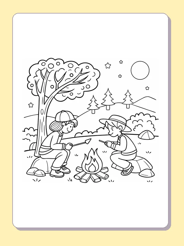 Black and white printable friends toasting by a hill coloring sheet