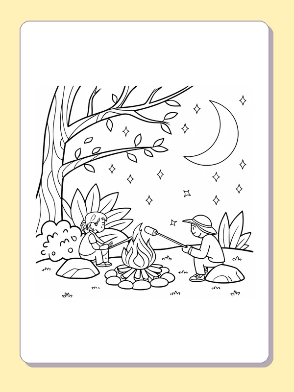 Black and white printable friends under leafy moonlight coloring sheet