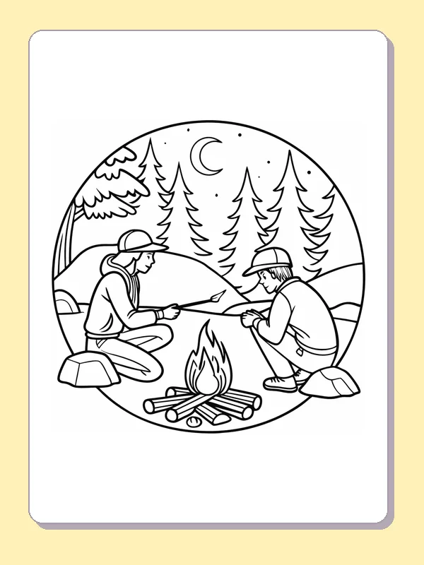 Black and white printable friends warming hands at a fire coloring sheet