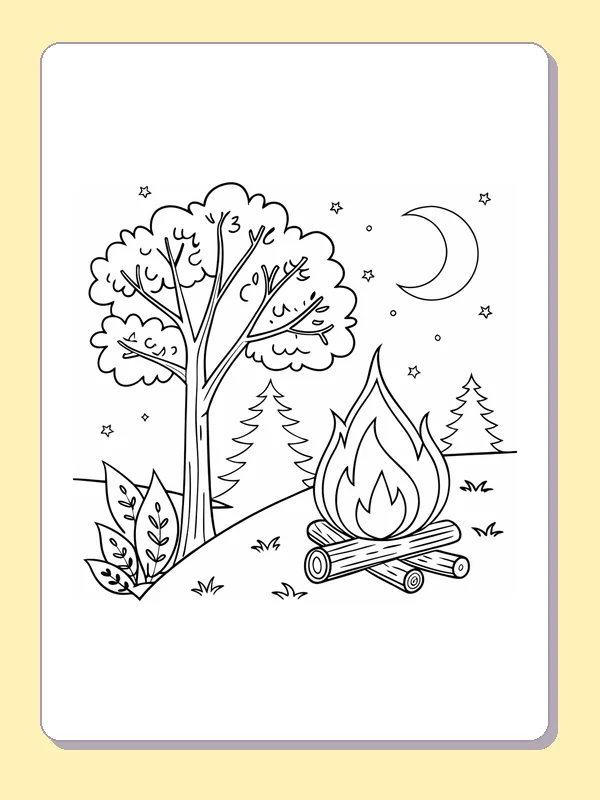 Black and white printable large flames beneath a tree coloring sheet