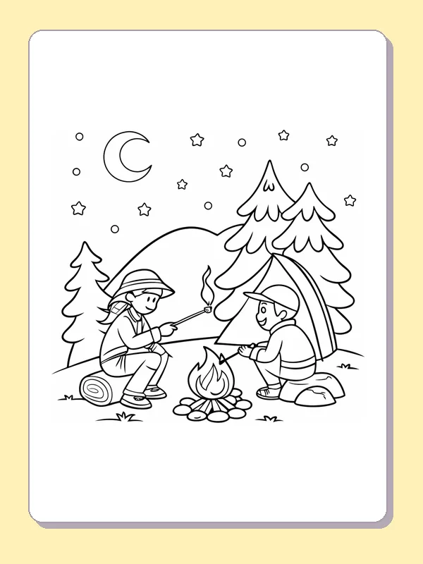 Black and white printable marshmallow toasting by pines coloring sheet