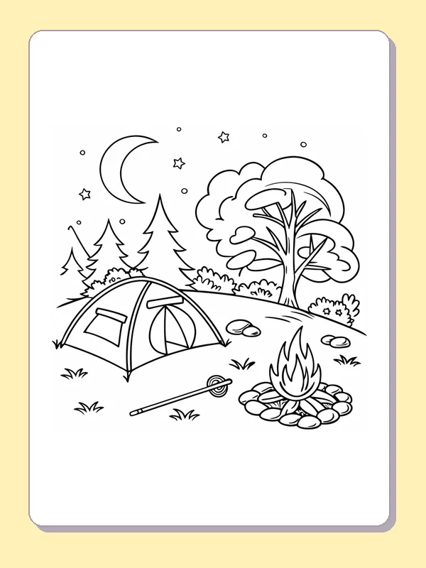 Black and white printable tent and fire under a big tree coloring sheet