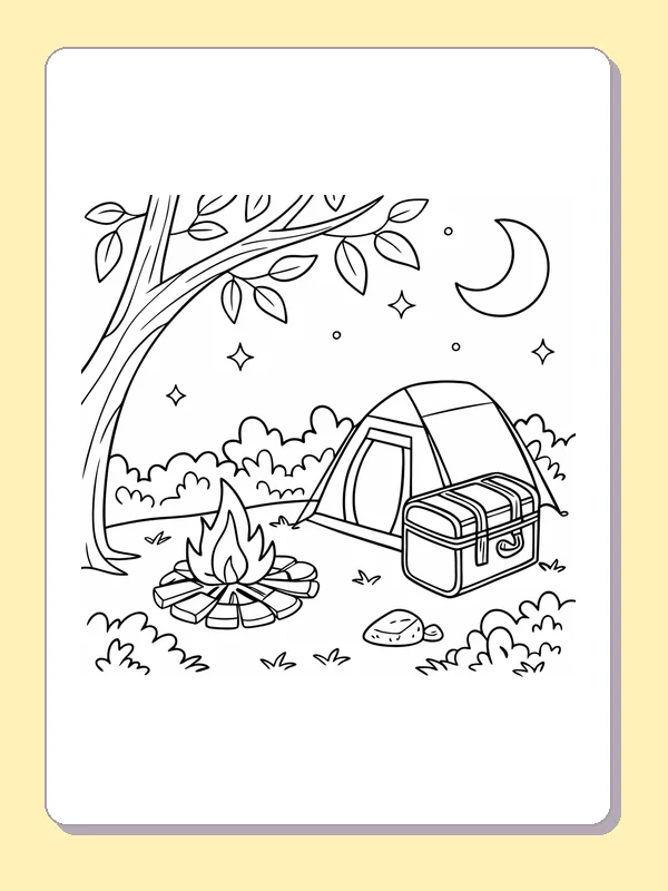 Black and white printable tent and pack under a tree coloring sheet