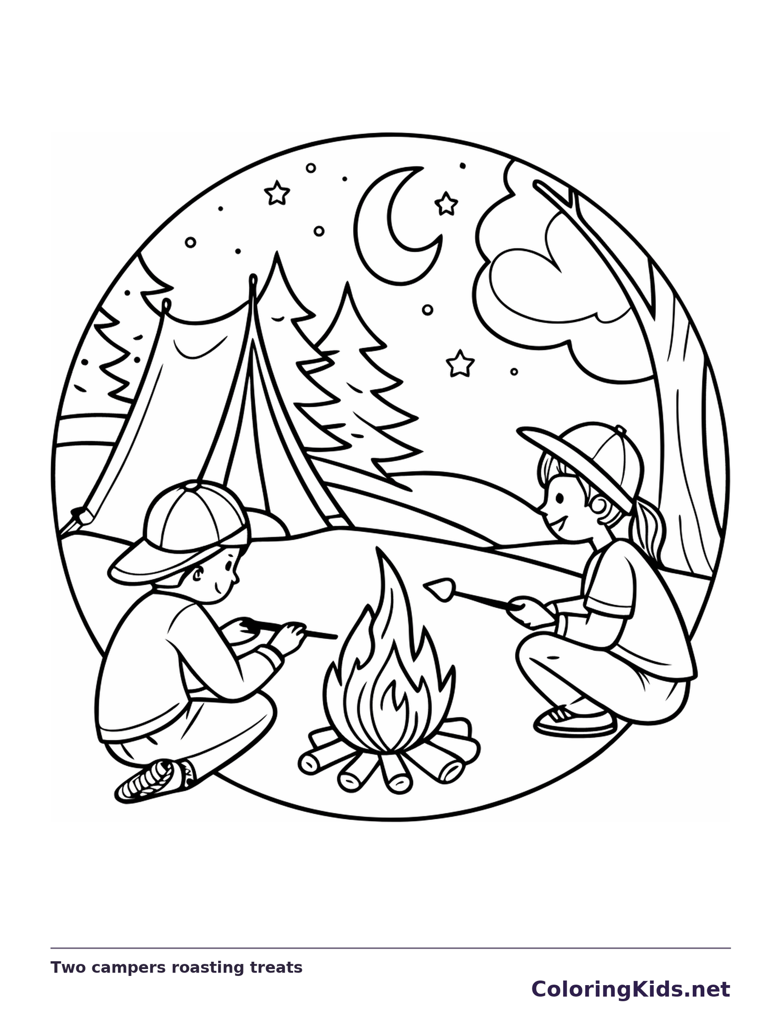 Black and white printable two campers roasting treats coloring sheet