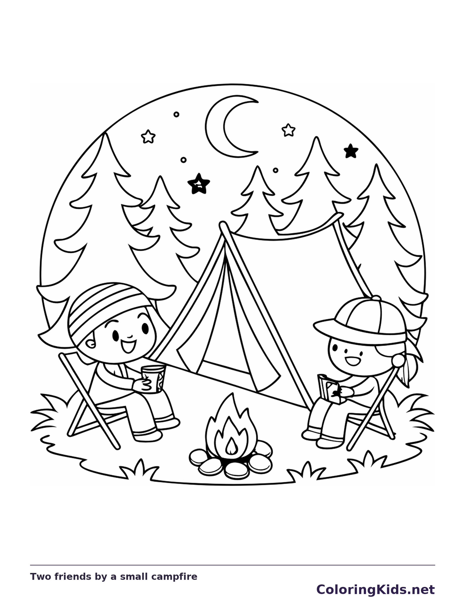 Black and white printable two friends by a small campfire coloring sheet