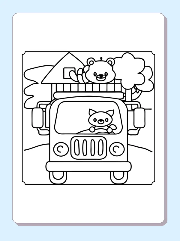 Front-view fire truck with bear on roof and cat in cab window