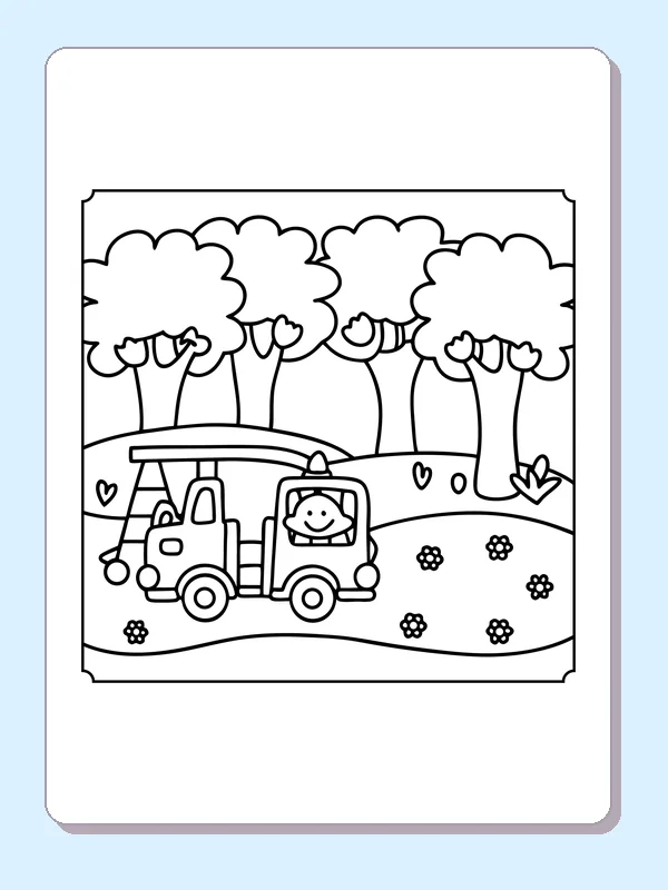 Ladder fire truck with driver on road among trees and flowers