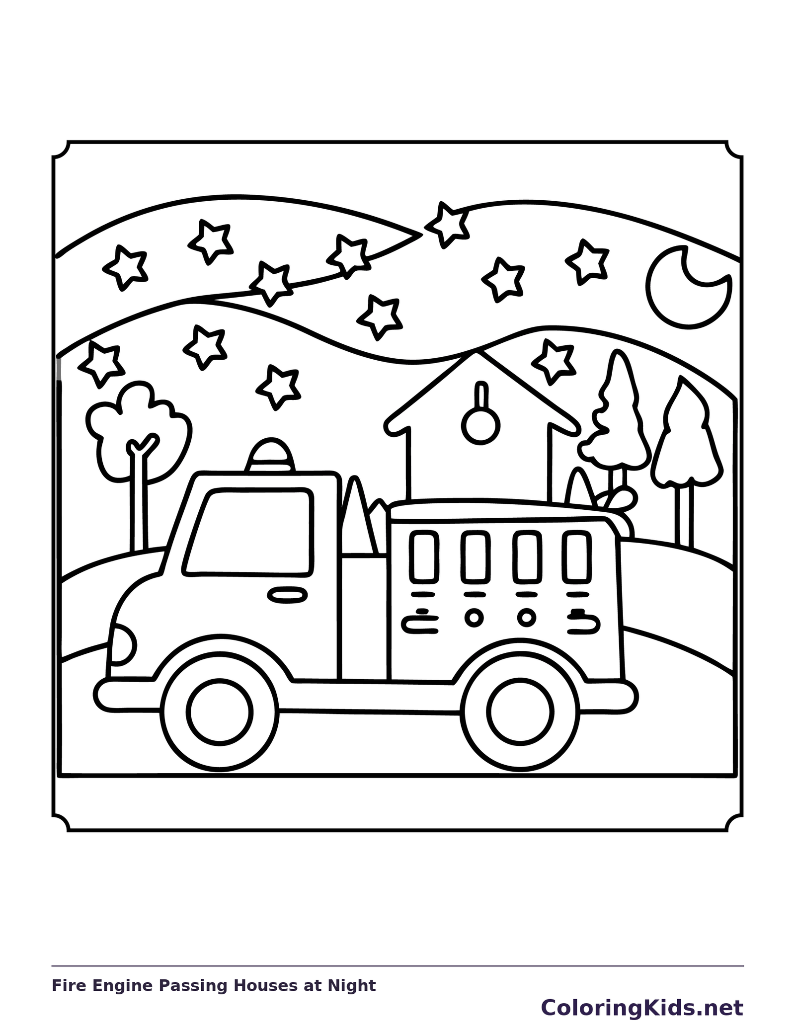 Ladder fire engine driving past houses under crescent moon and stars