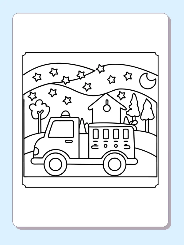 Ladder fire engine driving past houses under crescent moon and stars