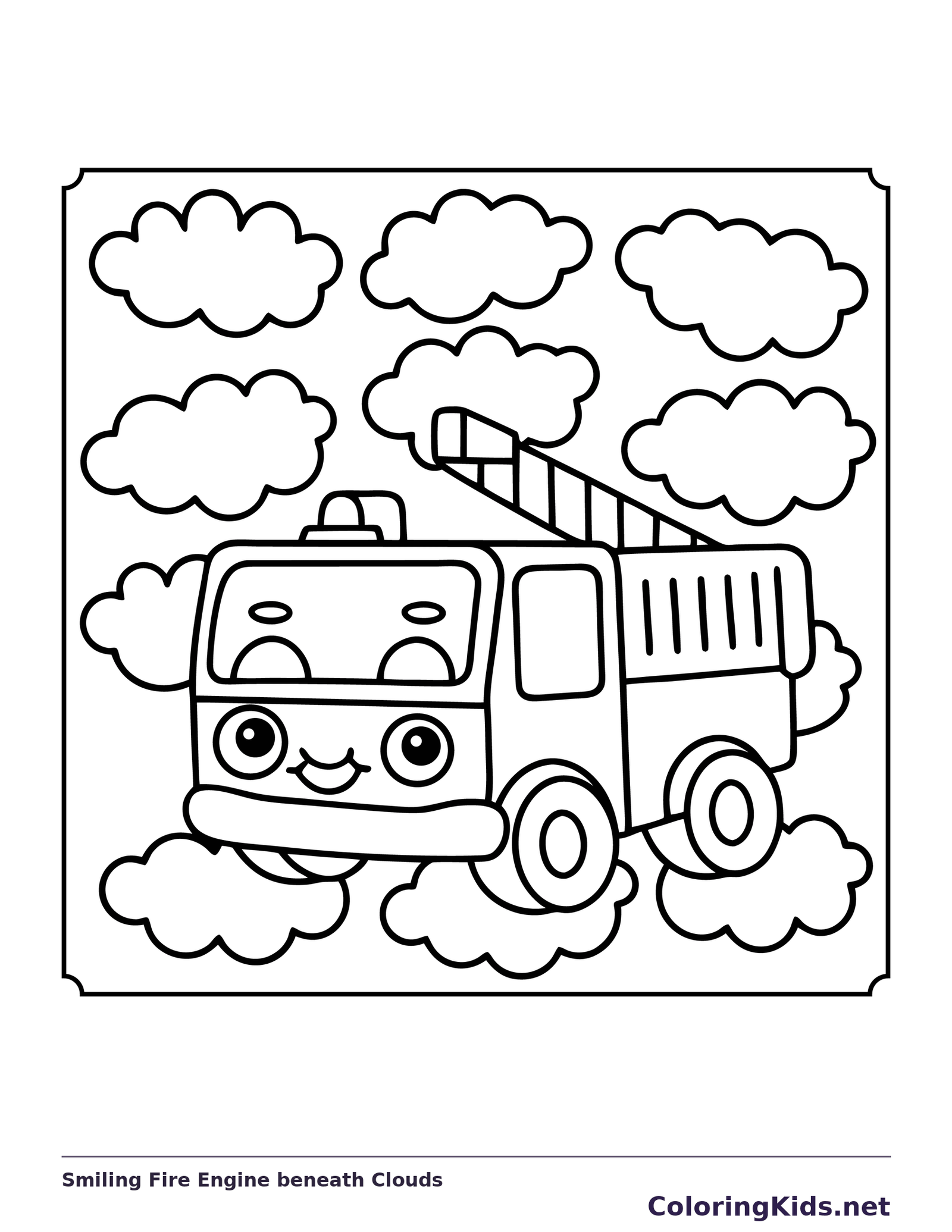 Smiling ladder fire truck driving under fluffy clouds
