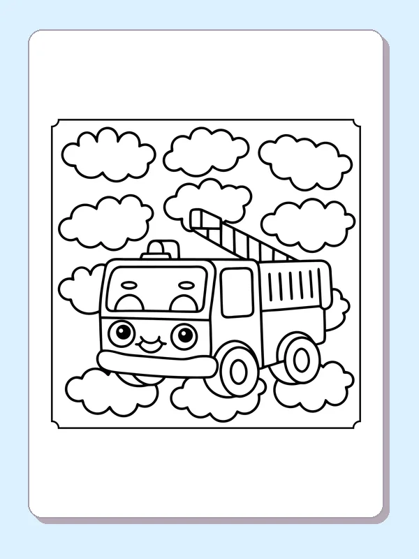 Smiling ladder fire truck driving under fluffy clouds
