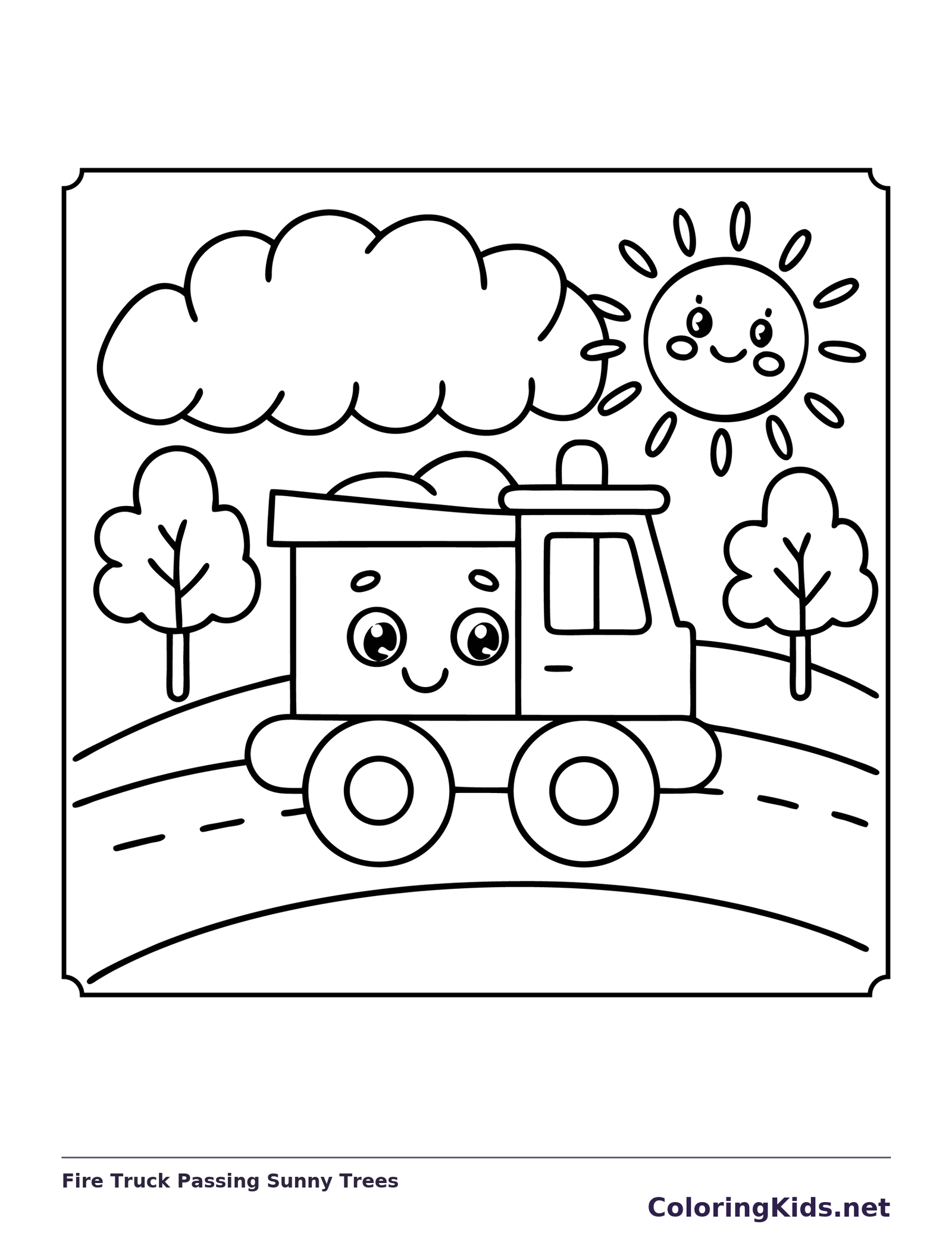 Fire-style truck driving past trees under smiling sun and clouds