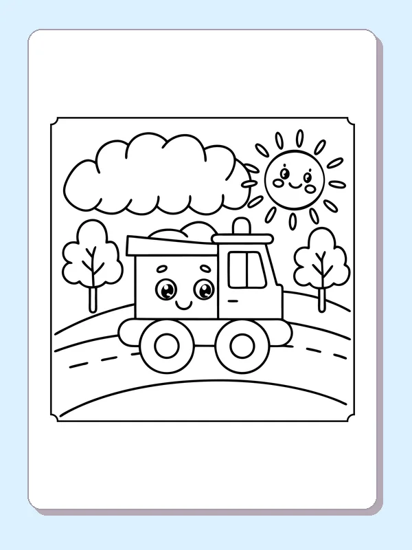 Fire-style truck driving past trees under smiling sun and clouds