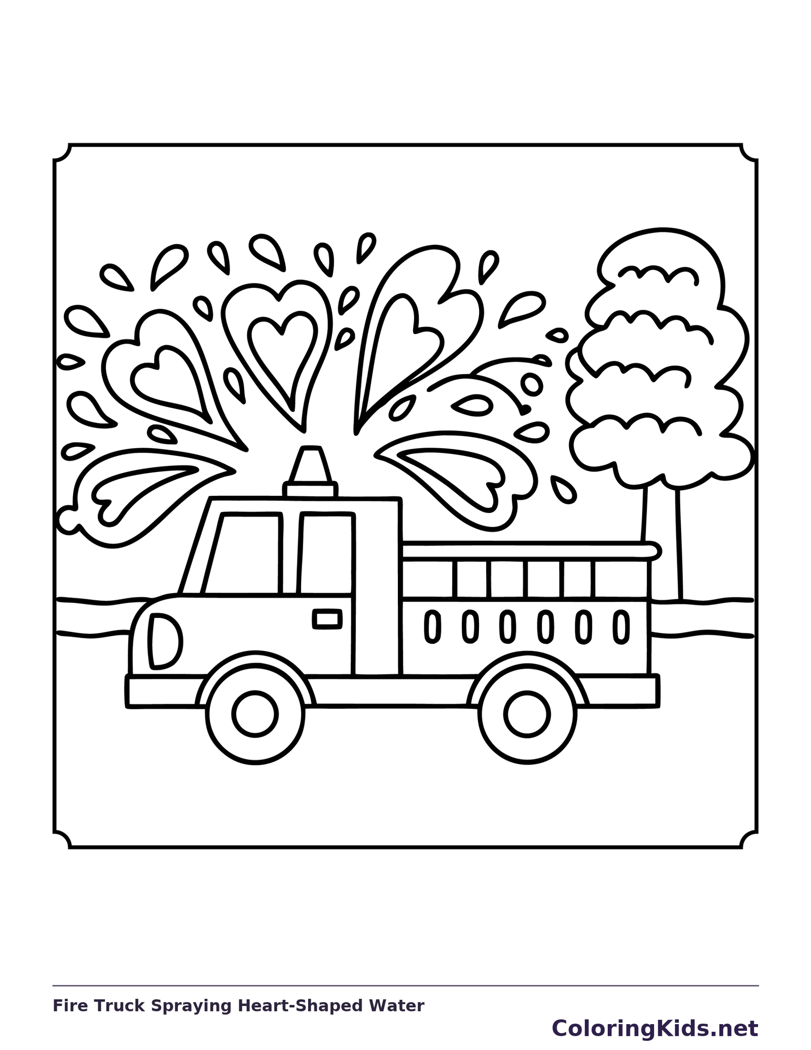 Side-view fire truck spraying heart-shaped arcs of water and droplets