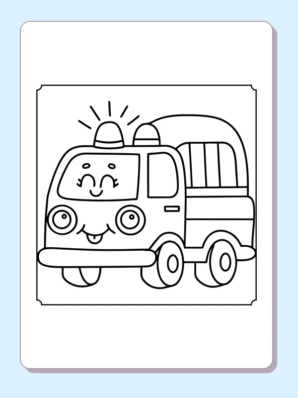 Smiling toy fire engine with roof warning light and large wheels