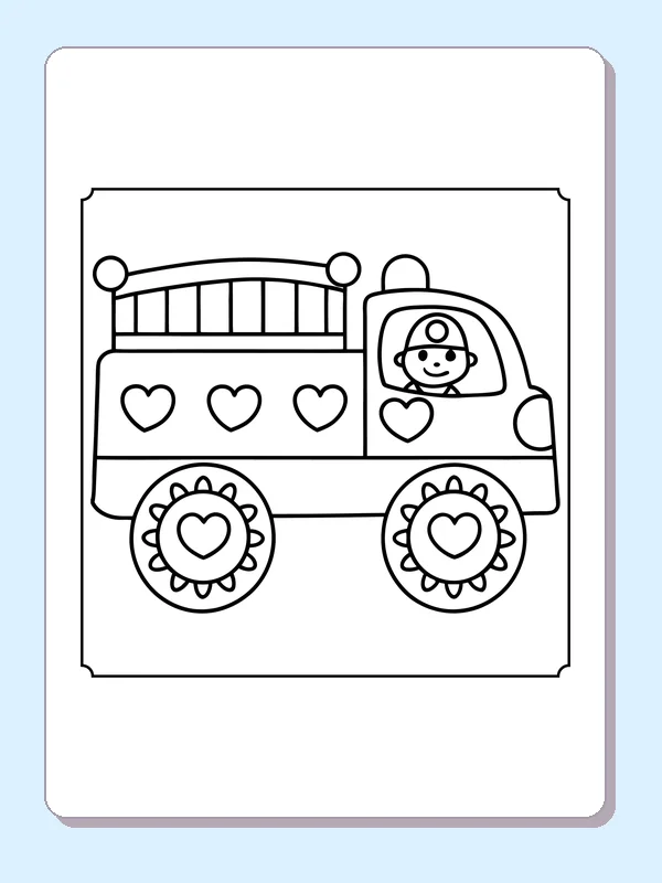 Side-view fire engine with ladder, driver and heart decorated wheels